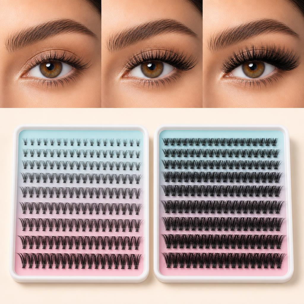 Three eyes showing subtle, medium and dramatic Mamzy Luxe lash results, with lash cluster trays