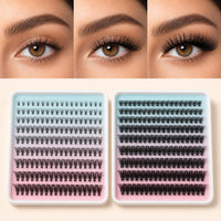 Three eyes showing subtle, medium and dramatic Mamzy Luxe lash results, with lash cluster trays